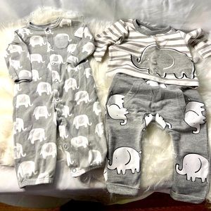 A pair of 3-6 month Elephant print outfits